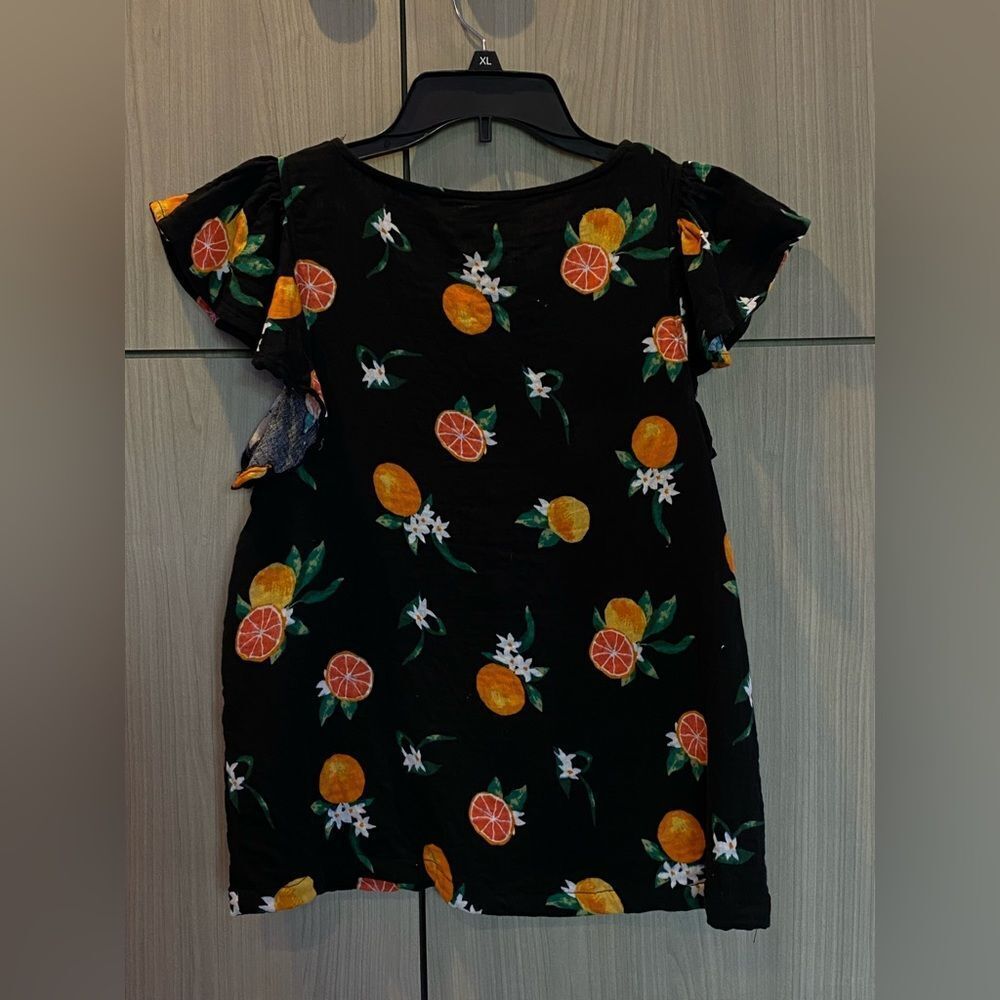 dip Blouse V-Neck Ruffle Sleeve Whimsical Citrus Colorful 100% Cotton Top - Picture 4 of 5